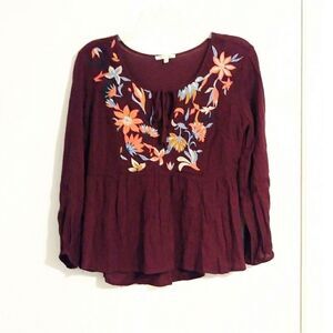 Bleuh Ciel Maroon Embroidered Keyhole Tie Neck Top